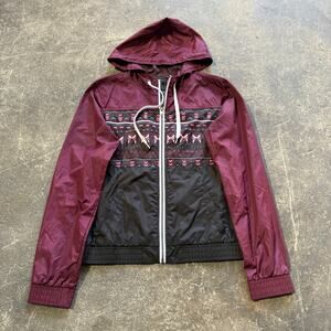 Empyre Windbreaker Jacket Womens M Red Fair Isle Full Zip Hooded Pockets Outdoor